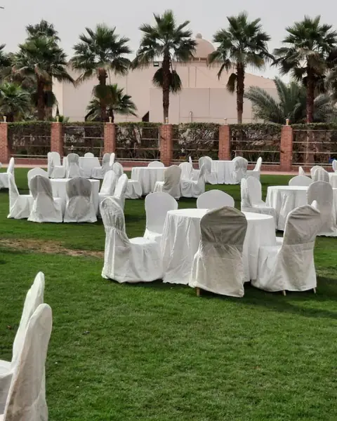 طاولات وكراسي مغطّاة بالأبيض على عشب حديقة بين النخيل