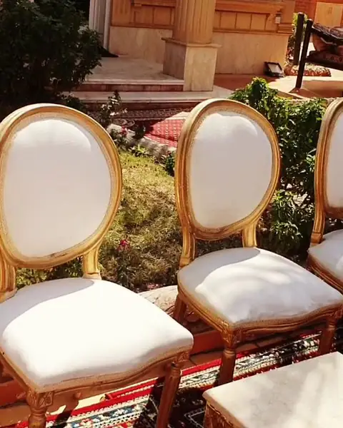 كراسي بيضاء بإطار ذهبي على سجاد أحمر في حديقة