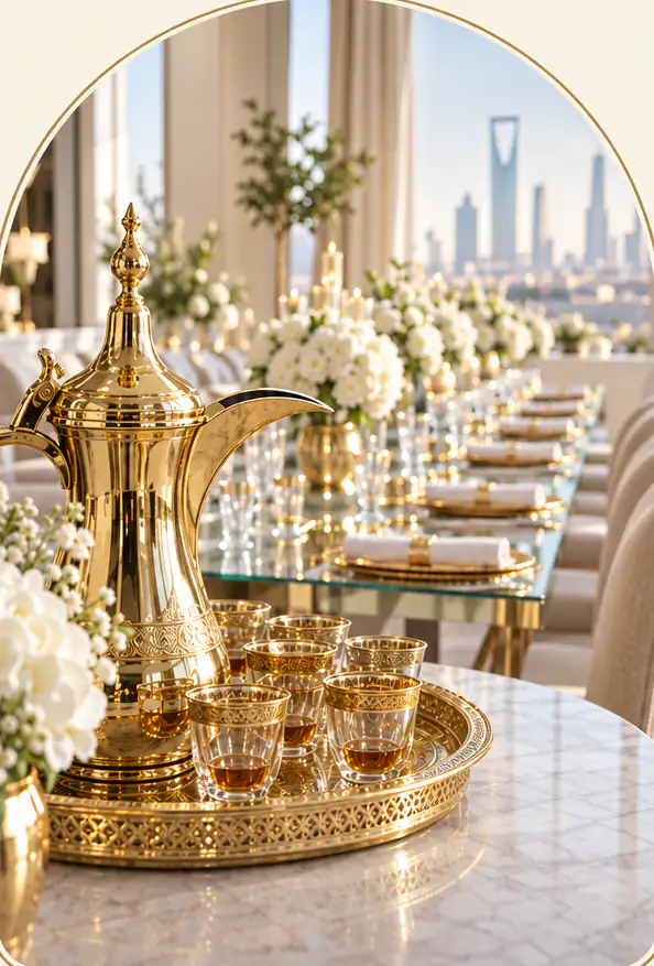 A tidy hospitality setup: a gold dallah and tea glasses on a gold tray, a long table dressed with white flowers and the city skyline behind