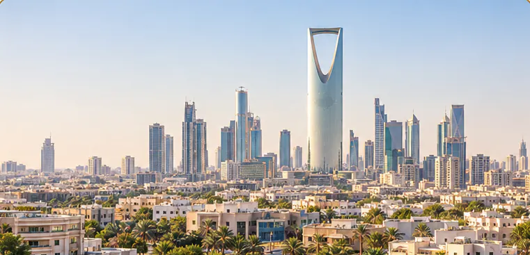 أفق مدينة الرياض وبرج المملكة وأحياء سكنية بين النخيل