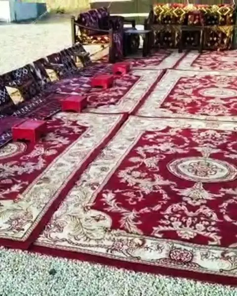 سجاد أحمر مزخرف وجلسات أرضية بوسائد تقليدية