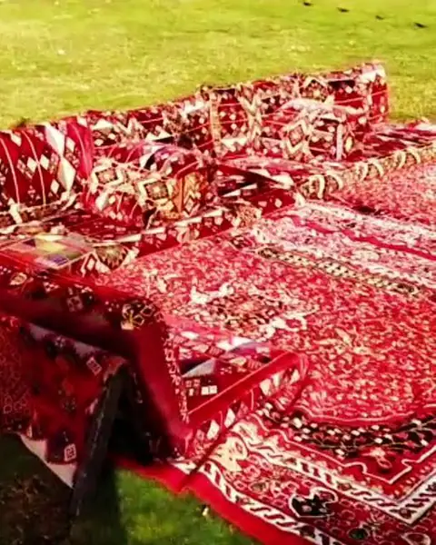 فرش أرضية ووسائد بنقوش حمراء على عشب أخضر