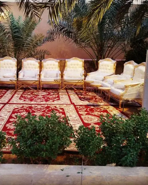أرائك بإطار ذهبي وتنجيد أبيض على سجاد أحمر بجانب نخيل